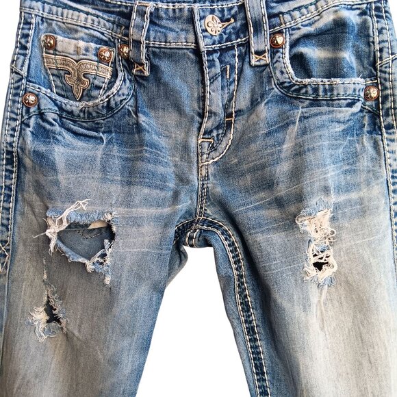 sz 30 Rock Revival Distressed Denim Jeans Feeney Boot Bootcut Trashed - Picture 4 of 12